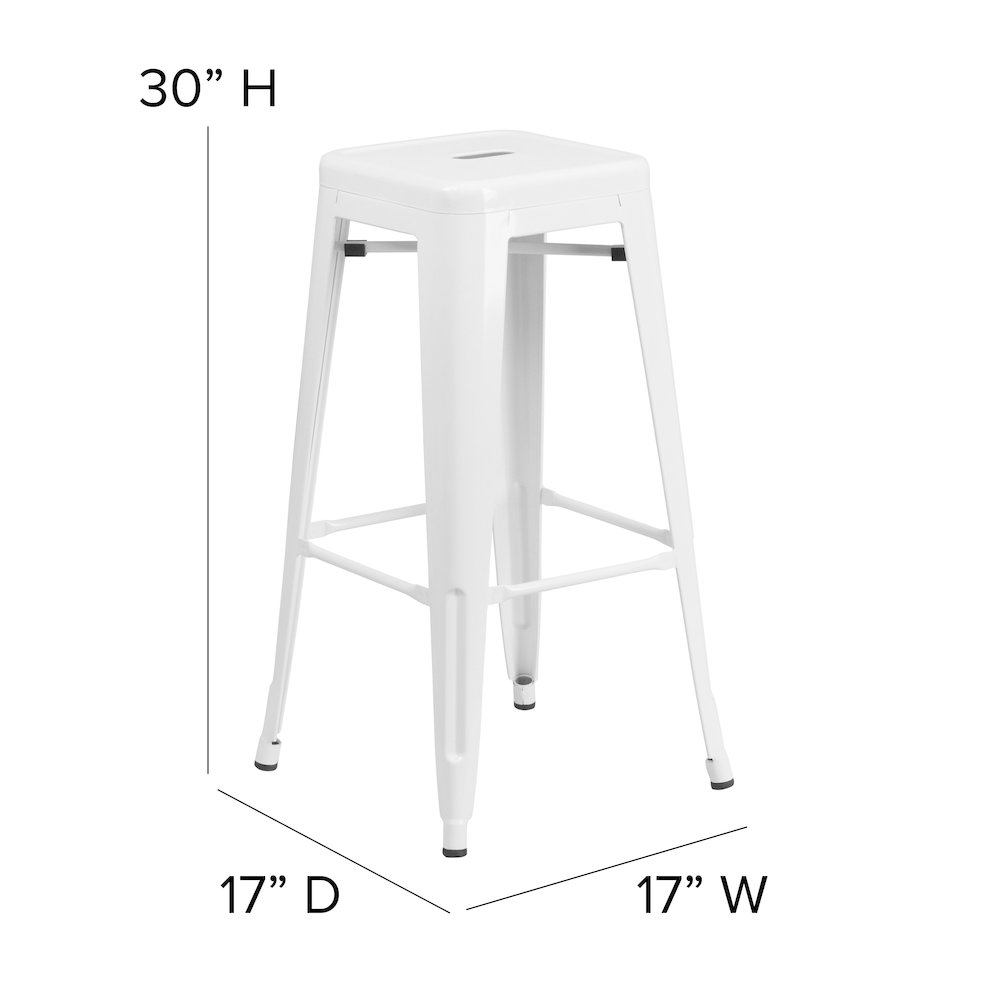 30″ High White Metal Indoor-Outdoor Barstool with Gray Poly Resin Wood Seat