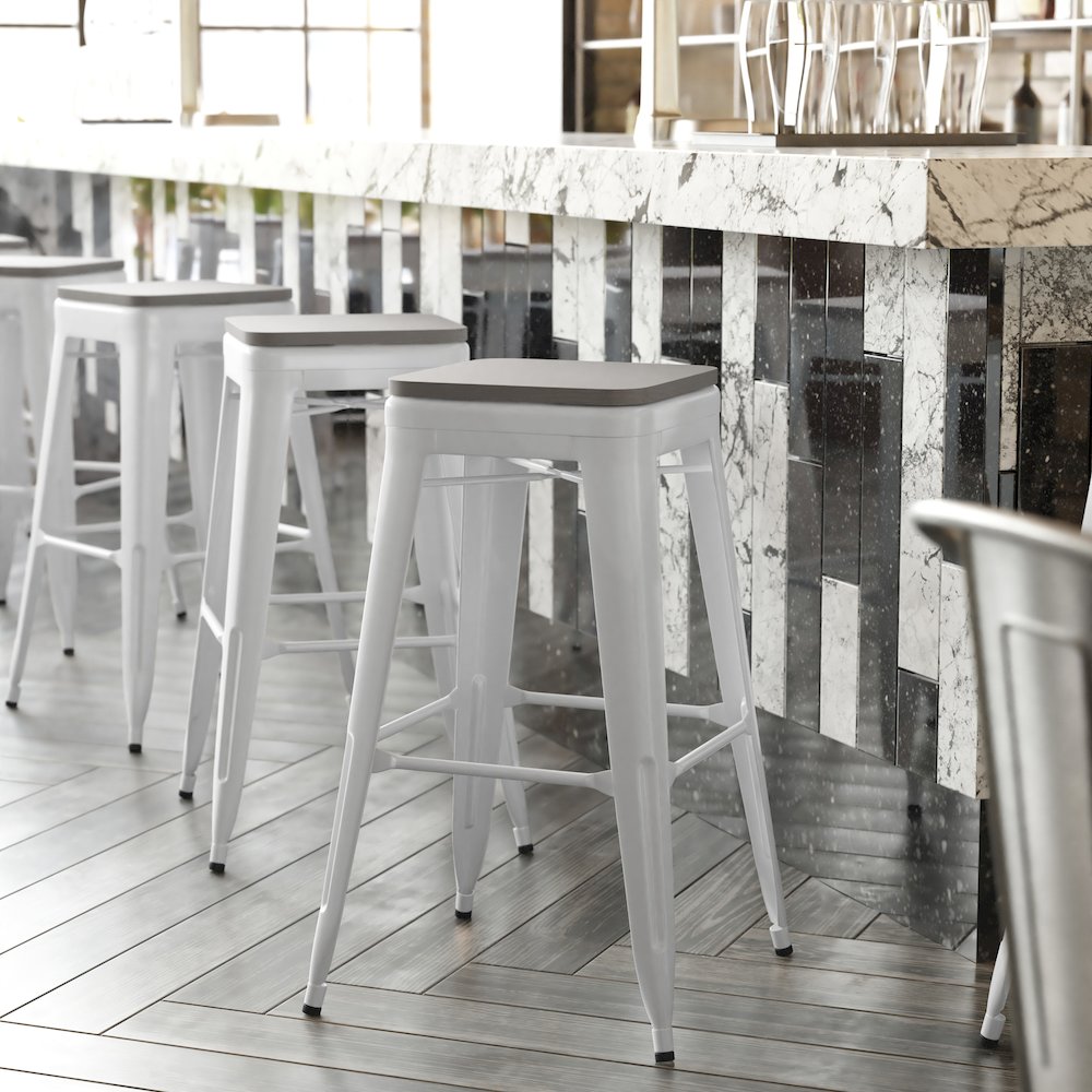 30″ High White Metal Indoor-Outdoor Barstool with Gray Poly Resin Wood Seat
