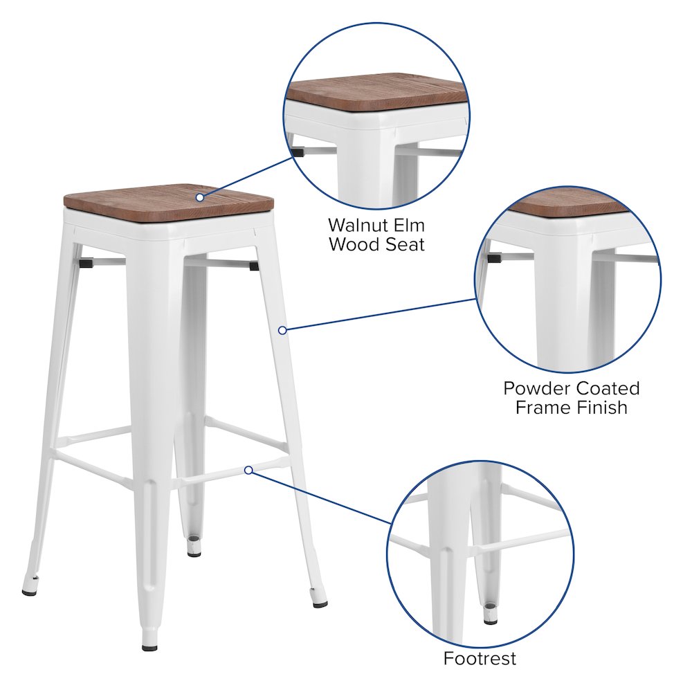 30″ High Backless White Metal Barstool with Square Wood Seat