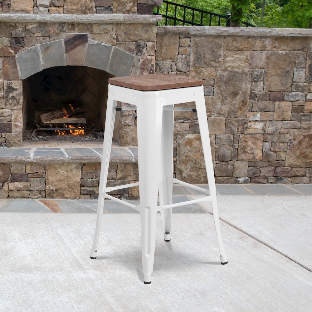 30″ High Backless White Metal Barstool with Square Wood Seat