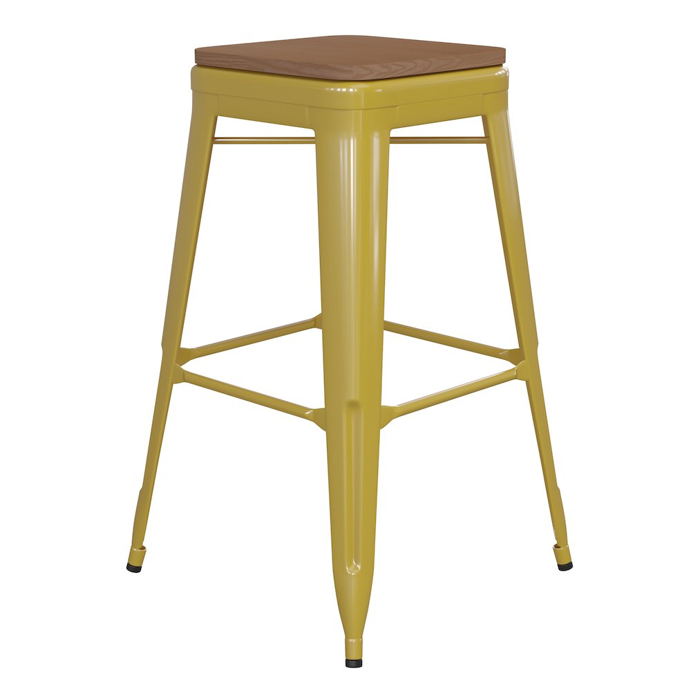 30″ High Yellow Metal Indoor-Outdoor Barstool with Teak Poly Resin Wood Seat