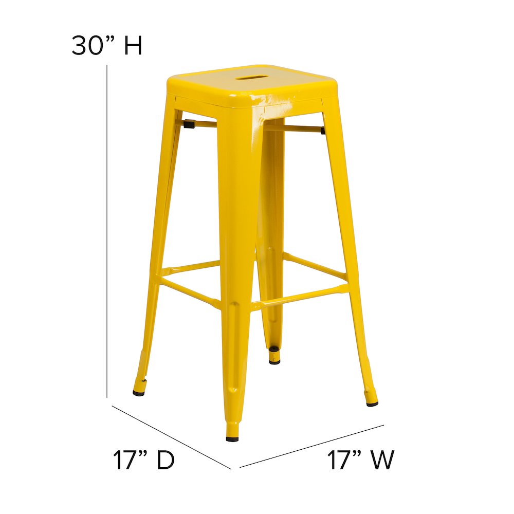 30″ High Yellow Metal Indoor-Outdoor Barstool with Teak Poly Resin Wood Seat