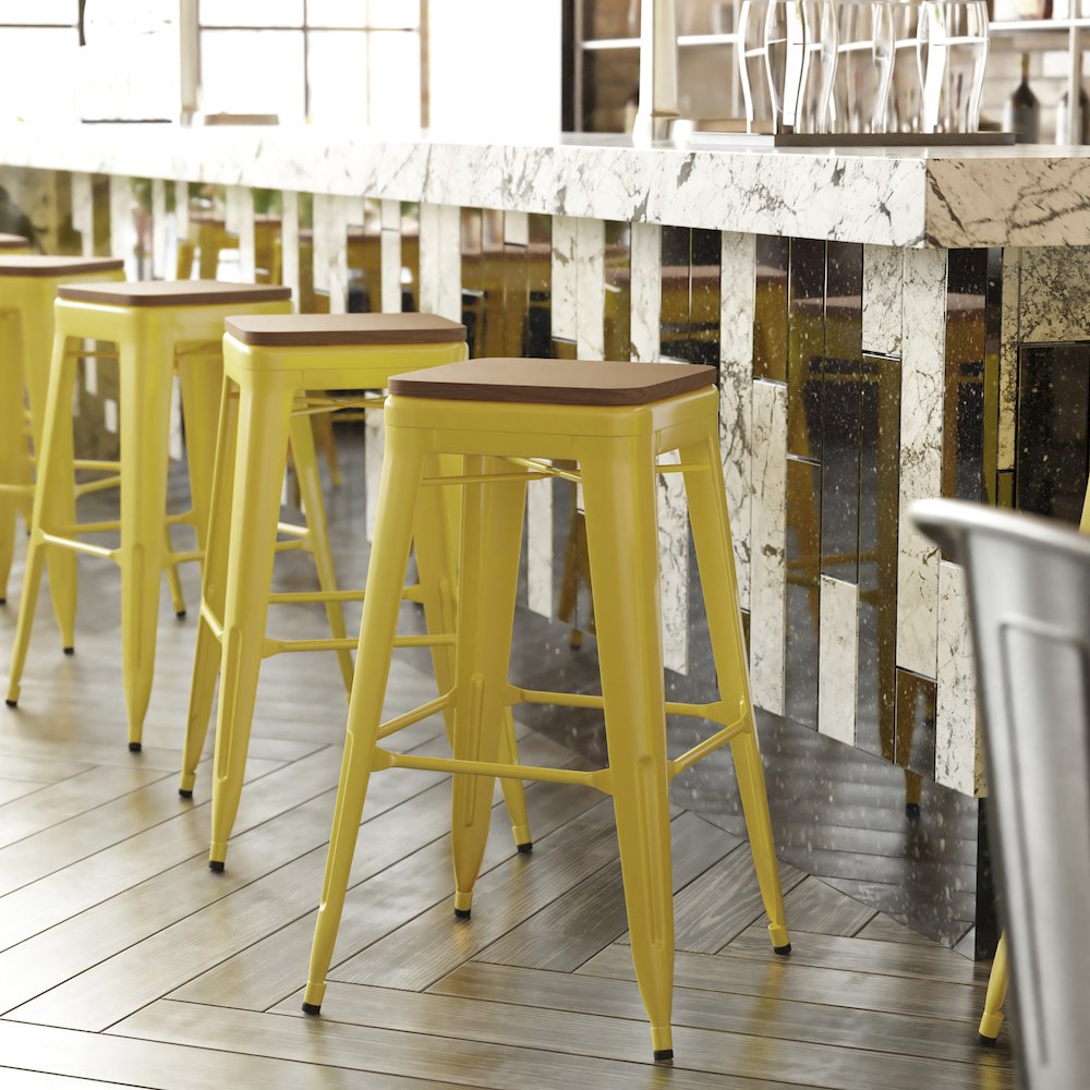 30″ High Yellow Metal Indoor-Outdoor Barstool with Teak Poly Resin Wood Seat