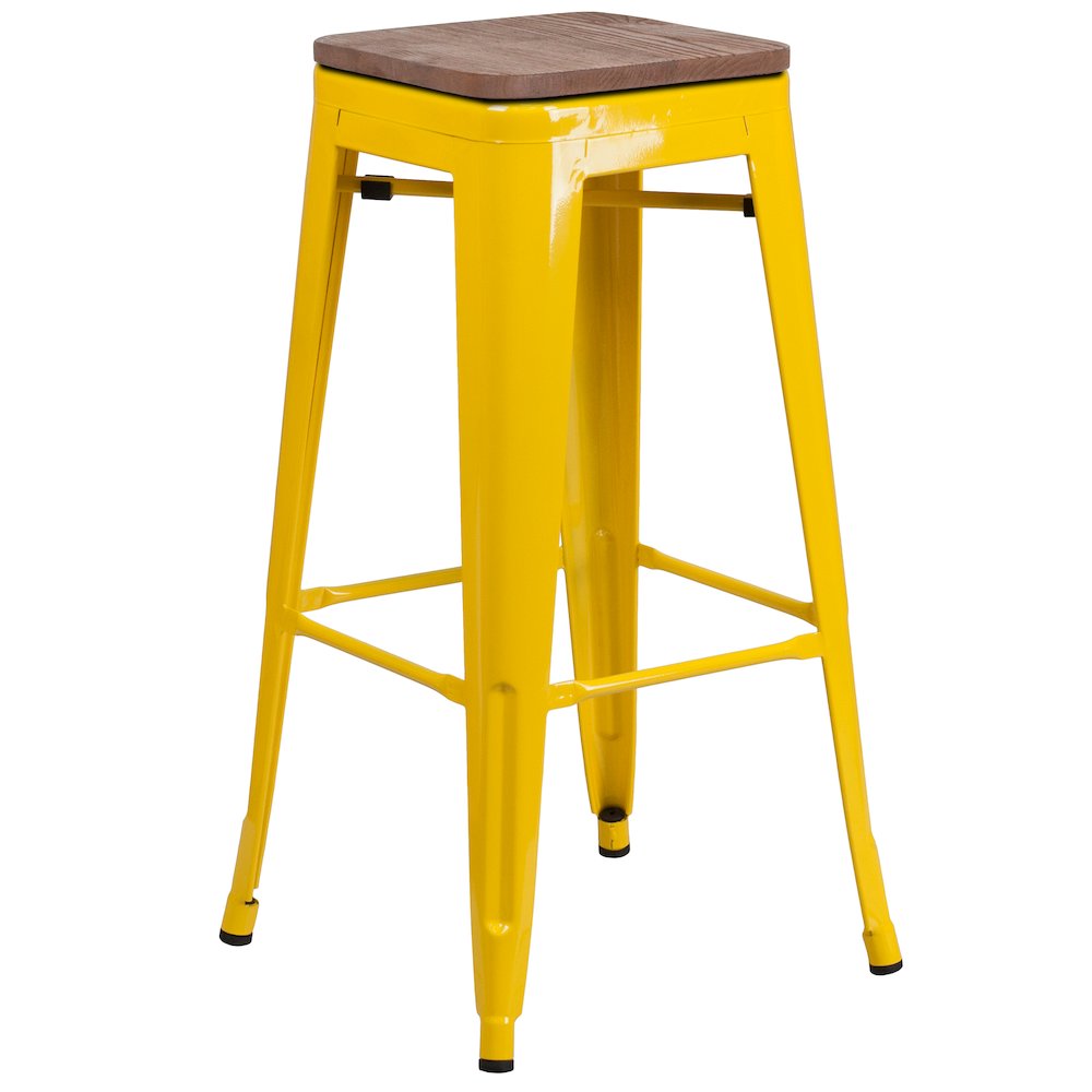 30″ High Backless Yellow Metal Barstool with Square Wood Seat