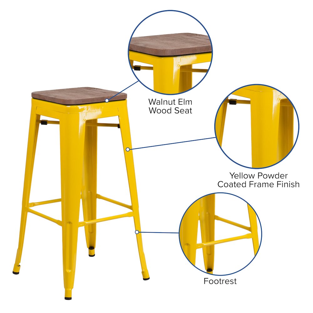 30″ High Backless Yellow Metal Barstool with Square Wood Seat
