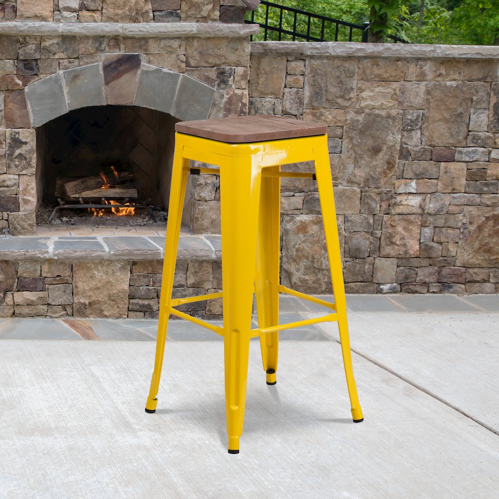 30″ High Backless Yellow Metal Barstool with Square Wood Seat