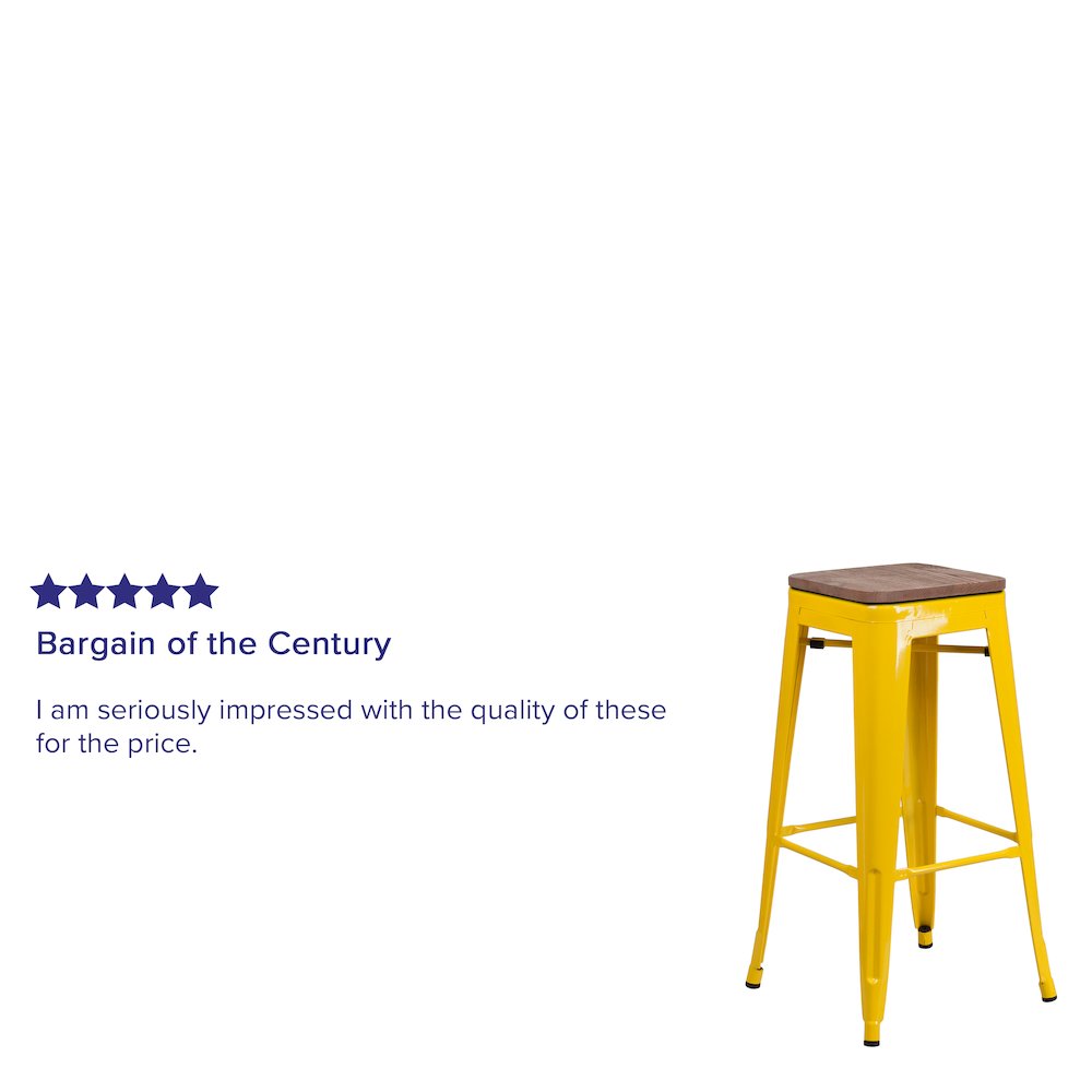 30″ High Backless Yellow Metal Barstool with Square Wood Seat
