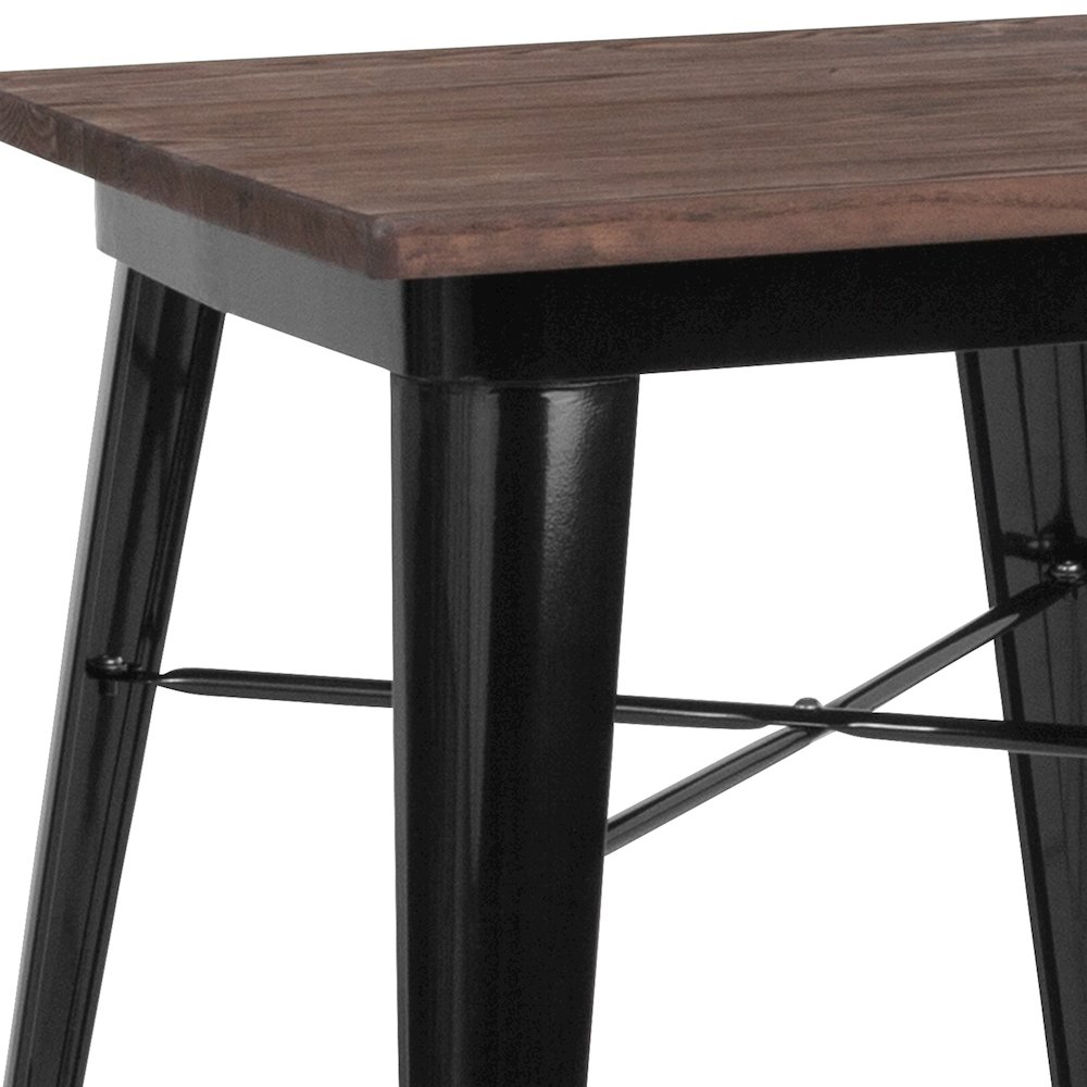 23.5″ Square Black Metal Indoor Table with Walnut Rustic Wood Top