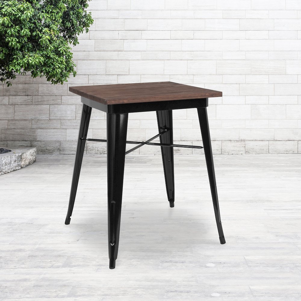 23.5″ Square Black Metal Indoor Table with Walnut Rustic Wood Top