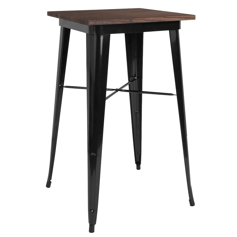23.5″ Square Black Metal Indoor Bar Height Table with Walnut Rustic Wood Top