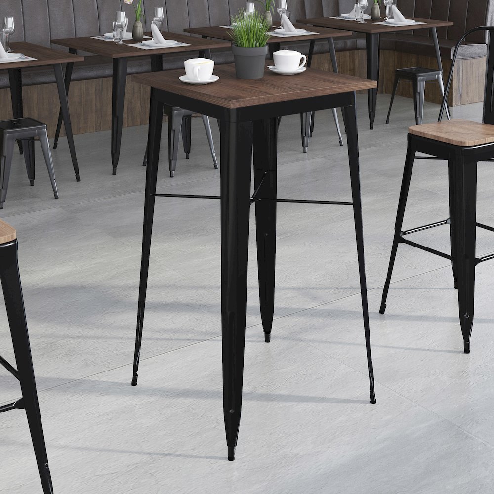 23.5″ Square Black Metal Indoor Bar Height Table with Walnut Rustic Wood Top