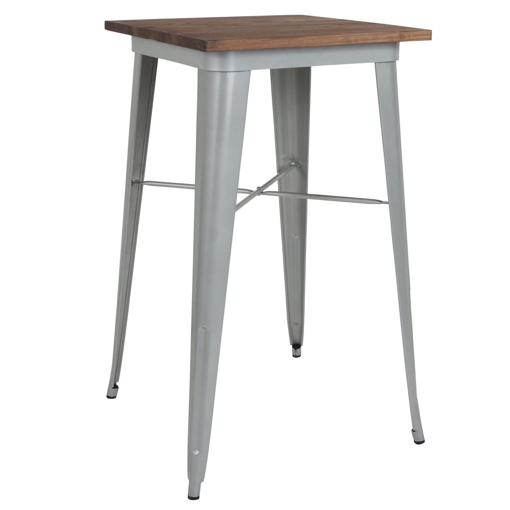 23.5″ Square Silver Metal Indoor Bar Height Table with Walnut Rustic Wood Top