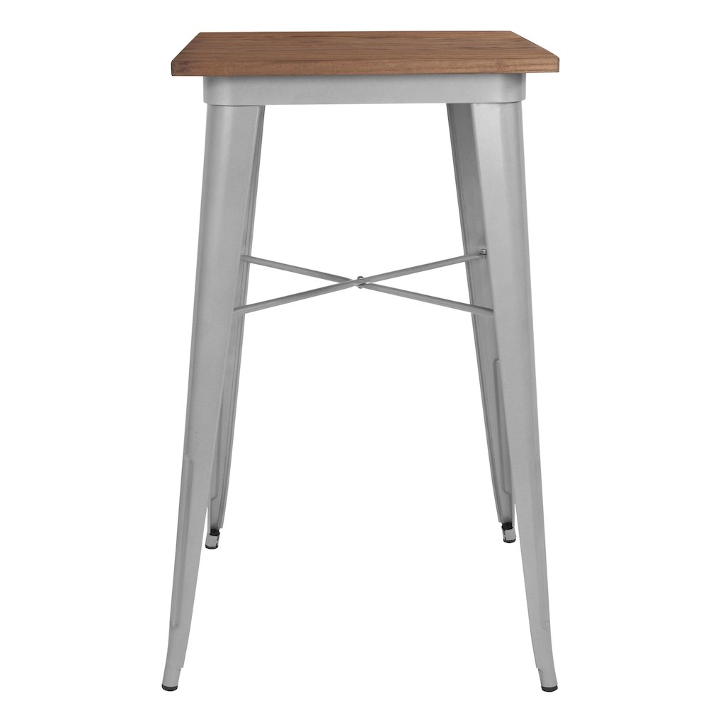 23.5″ Square Silver Metal Indoor Bar Height Table with Walnut Rustic Wood Top