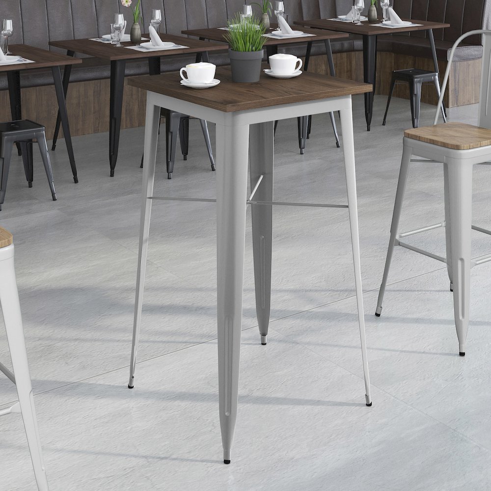 23.5″ Square Silver Metal Indoor Bar Height Table with Walnut Rustic Wood Top