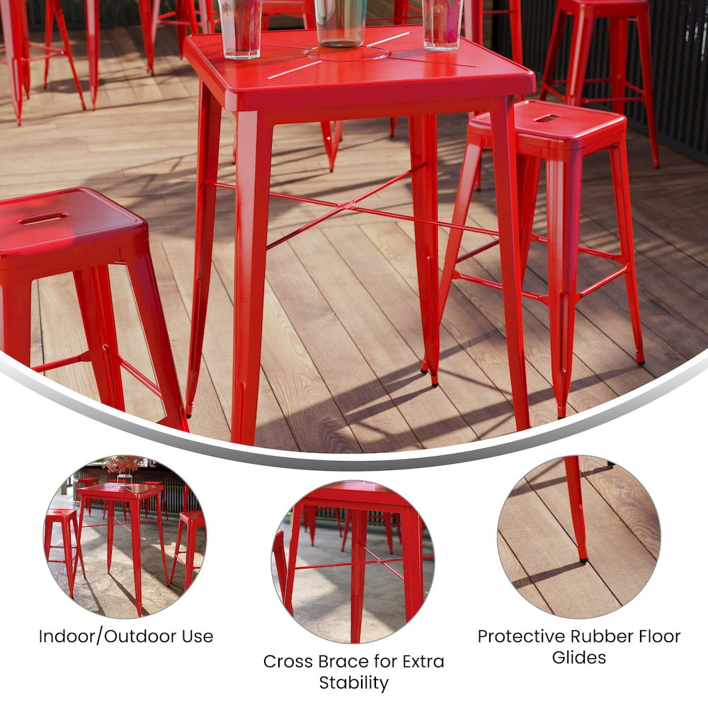 Commercial Grade 23.75″ Square Red Metal Indoor-Outdoor Bar Height Table