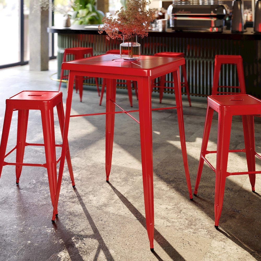 Commercial Grade 23.75″ Square Red Metal Indoor-Outdoor Bar Height Table