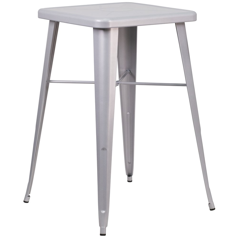 23.75″ Square Silver Metal Indoor-Outdoor Bar Height Table
