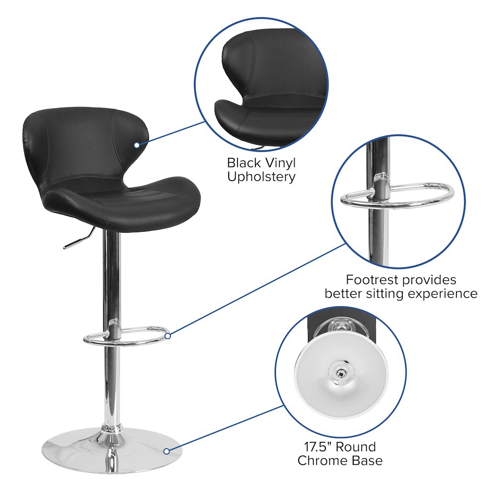 Black Vinyl Adjustable Height Barstool with Curved Back and Chrome Base
