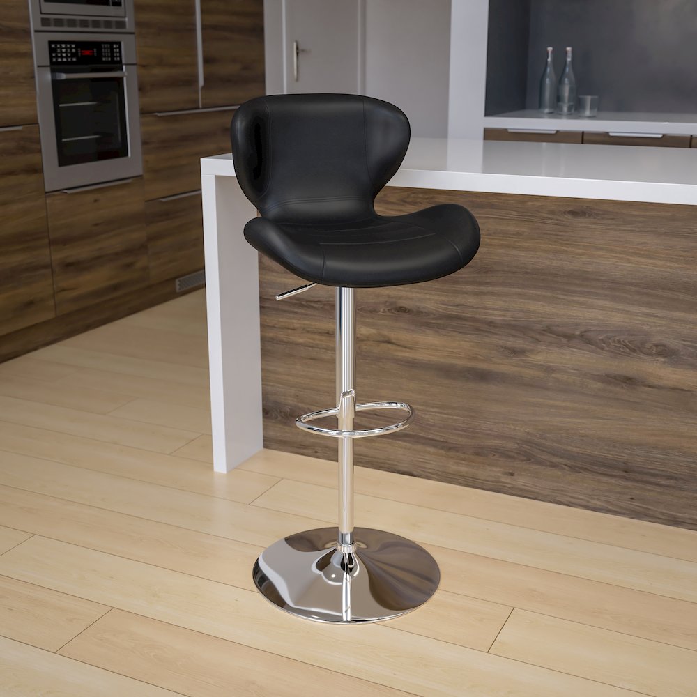 Black Vinyl Adjustable Height Barstool with Curved Back and Chrome Base
