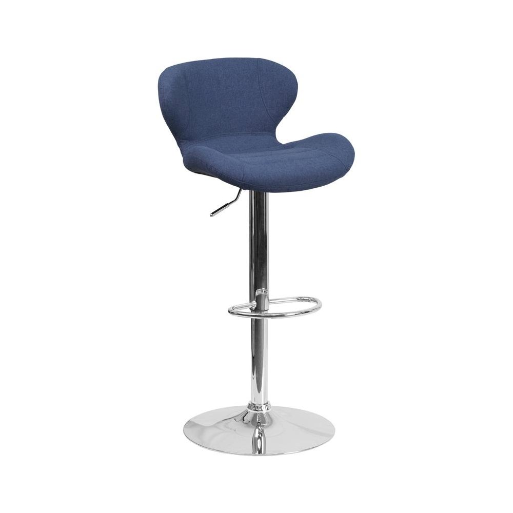 Blue Fabric Adjustable Height Barstool with Curved Back and Chrome Base