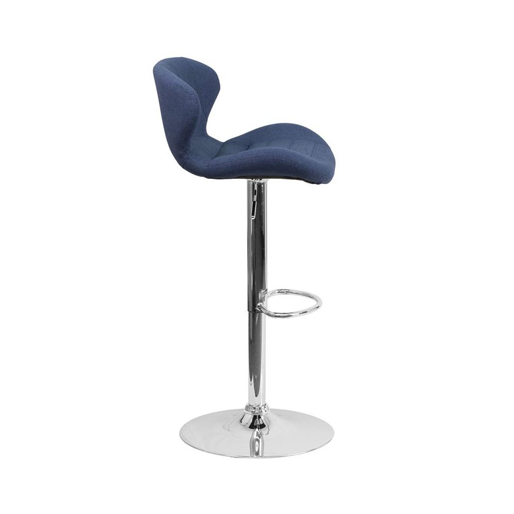 Blue Fabric Adjustable Height Barstool with Curved Back and Chrome Base