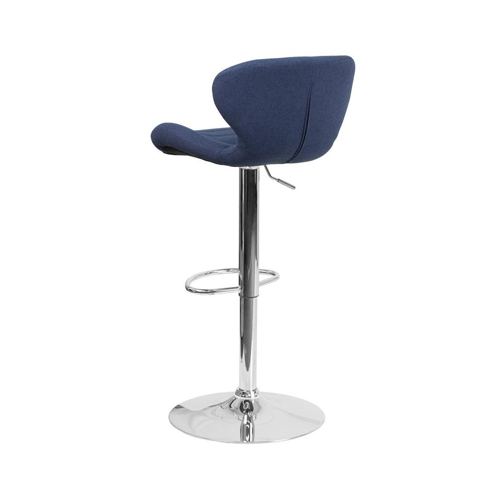 Blue Fabric Adjustable Height Barstool with Curved Back and Chrome Base