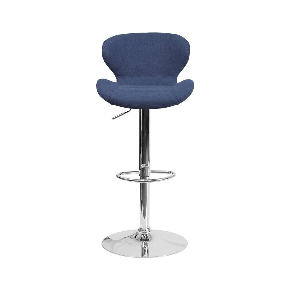 Blue Fabric Adjustable Height Barstool with Curved Back and Chrome Base