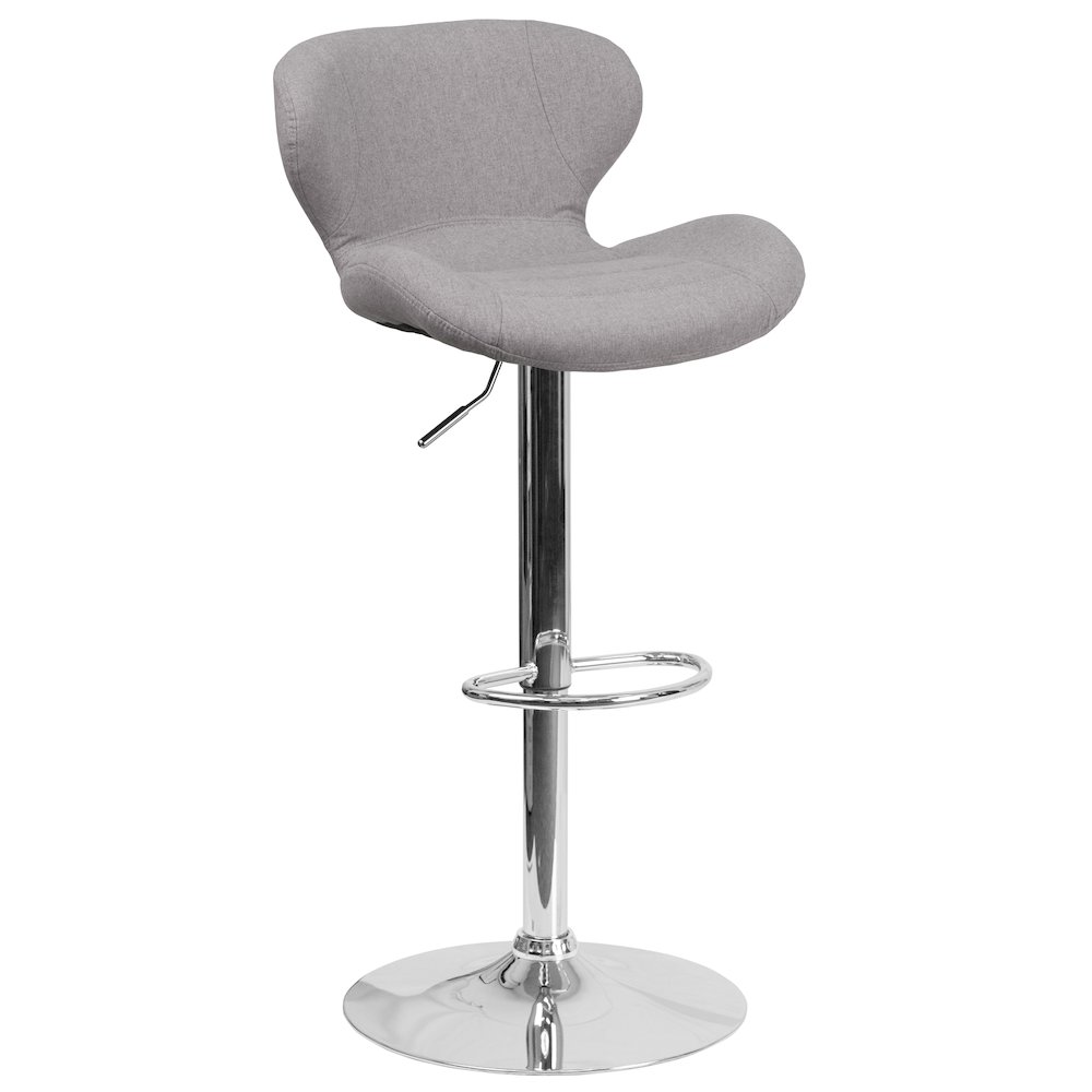 Gray Fabric Adjustable Height Barstool with Curved Back and Chrome Base