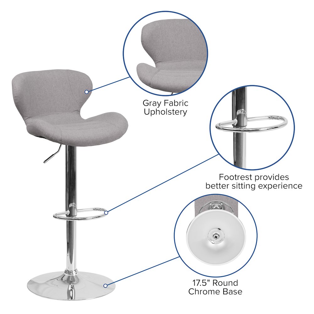 Gray Fabric Adjustable Height Barstool with Curved Back and Chrome Base