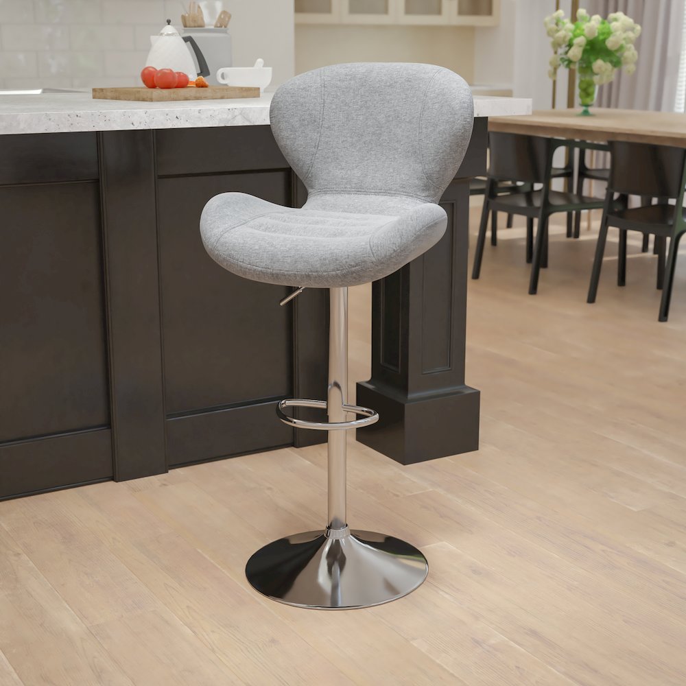 Gray Fabric Adjustable Height Barstool with Curved Back and Chrome Base