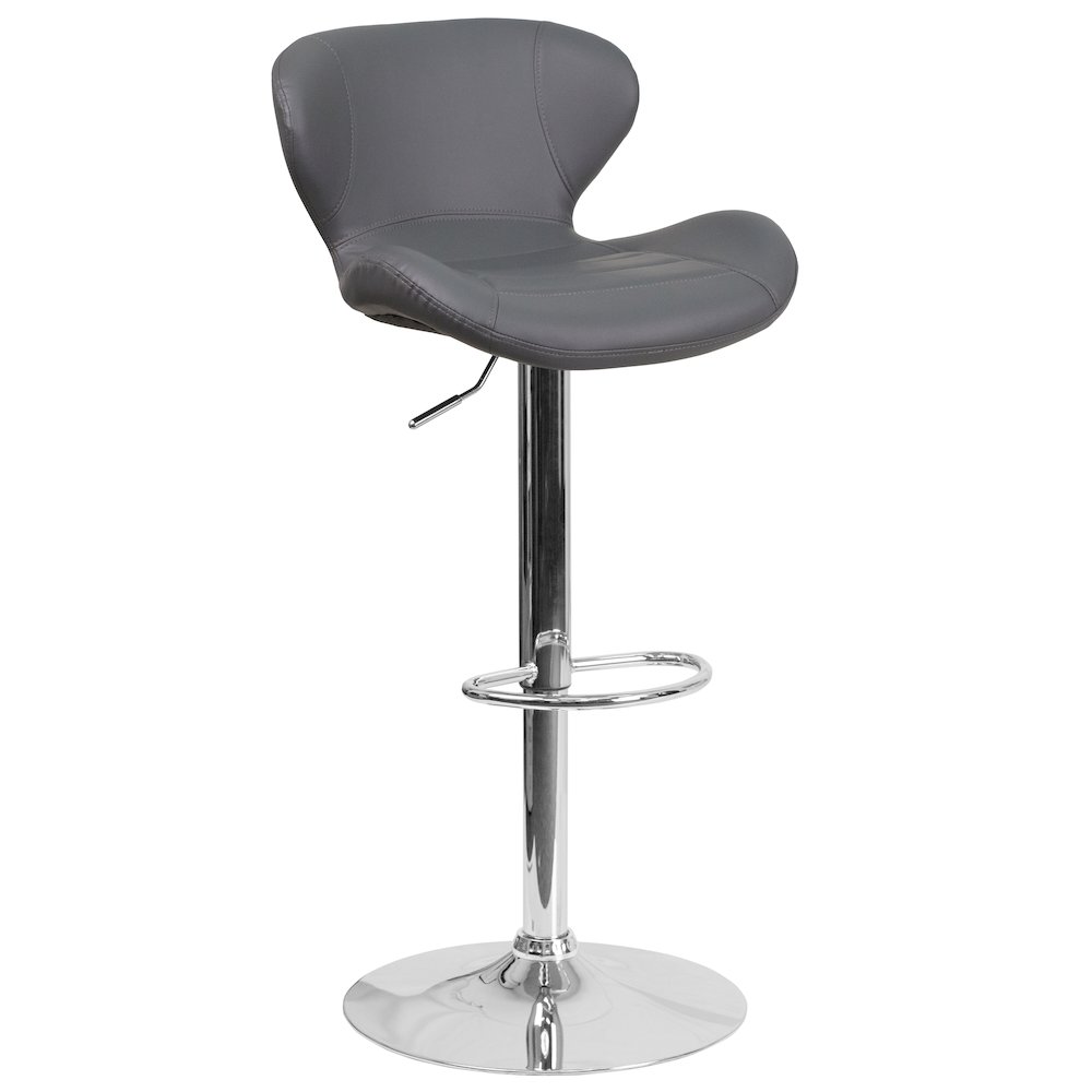 Gray Vinyl Adjustable Height Barstool with Curved Back and Chrome Base