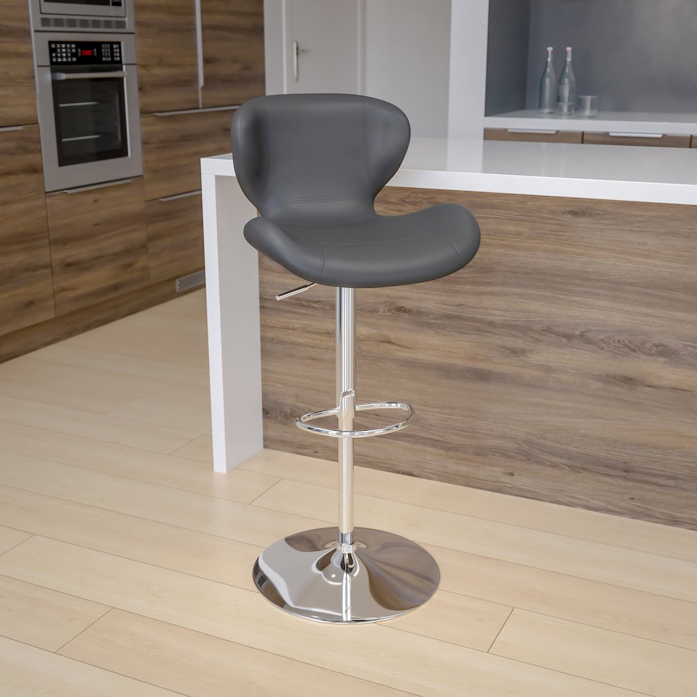 Gray Vinyl Adjustable Height Barstool with Curved Back and Chrome Base