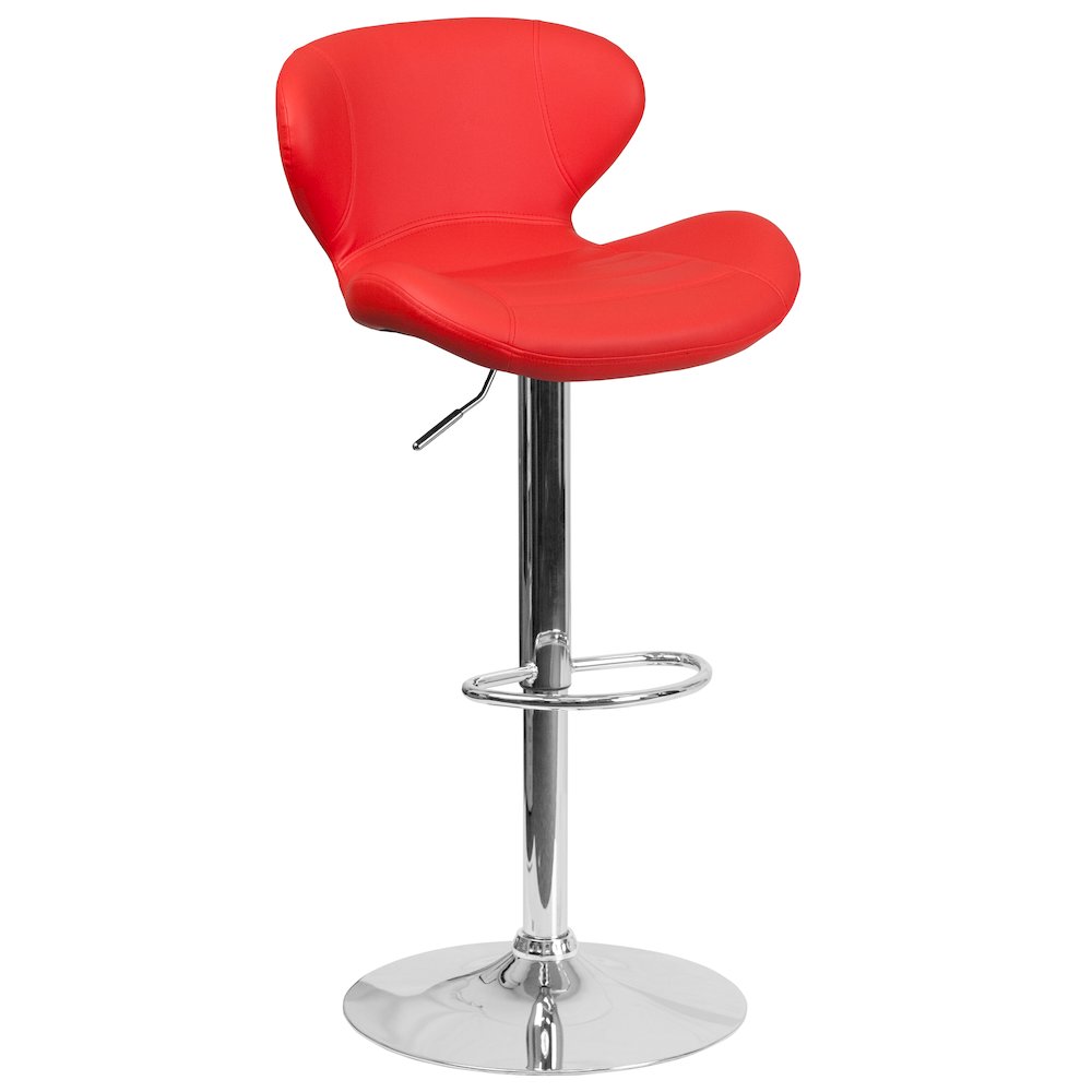 Red Vinyl Adjustable Height Barstool with Curved Back and Chrome Base