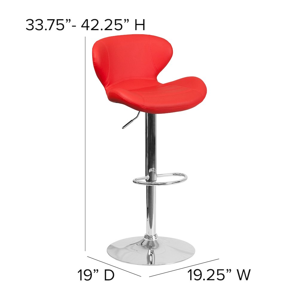 Red Vinyl Adjustable Height Barstool with Curved Back and Chrome Base