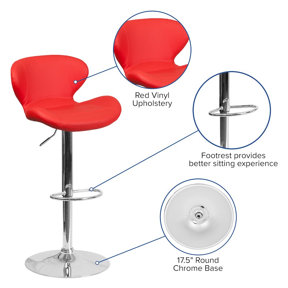Red Vinyl Adjustable Height Barstool with Curved Back and Chrome Base