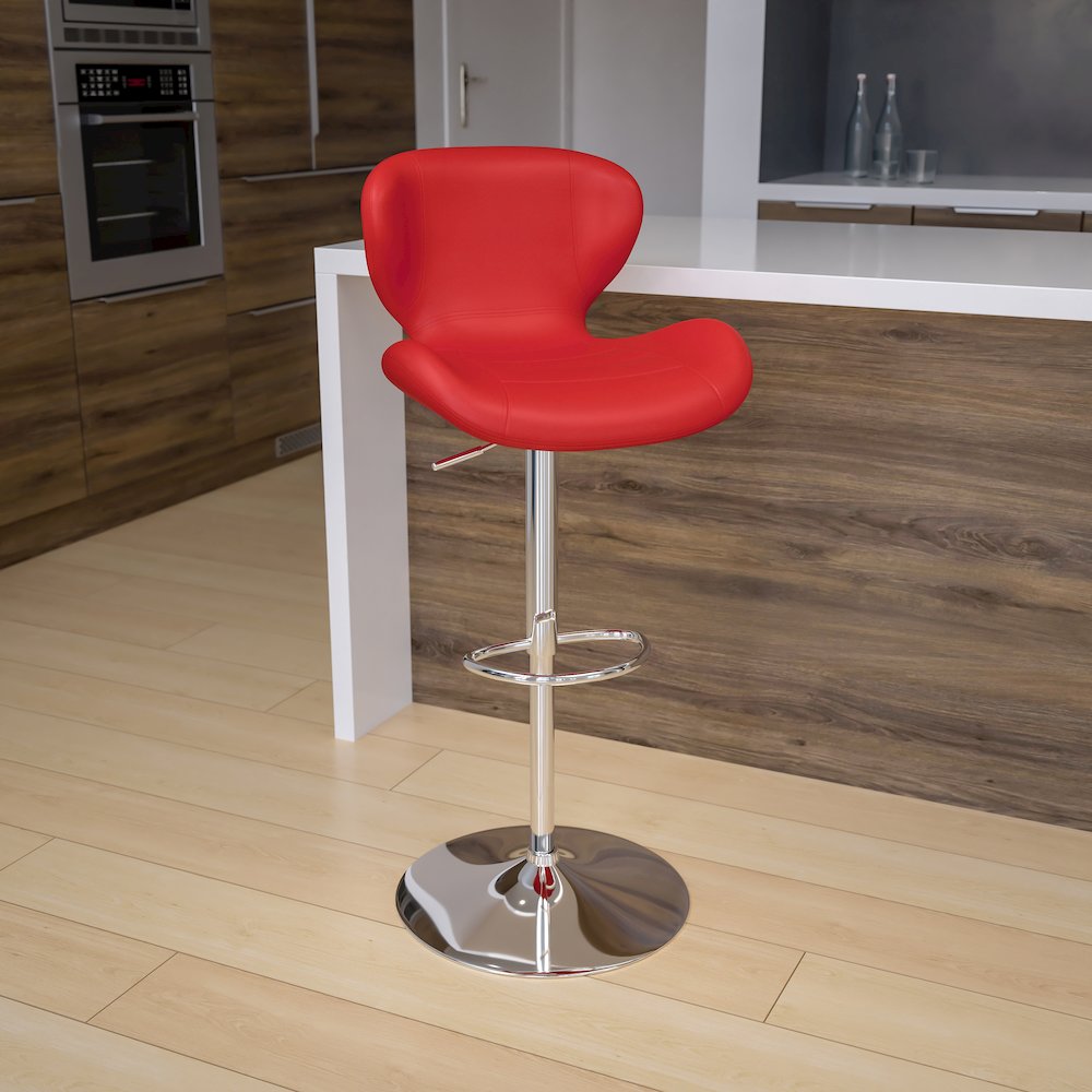 Red Vinyl Adjustable Height Barstool with Curved Back and Chrome Base