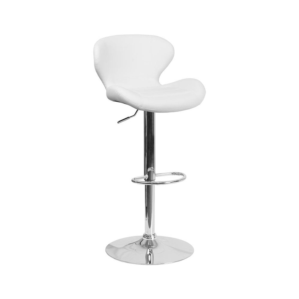 White Vinyl Adjustable Height Barstool with Curved Back and Chrome Base