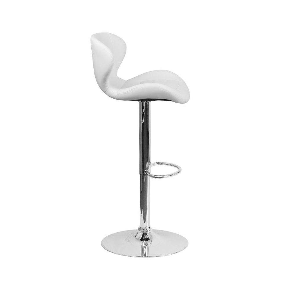 White Vinyl Adjustable Height Barstool with Curved Back and Chrome Base