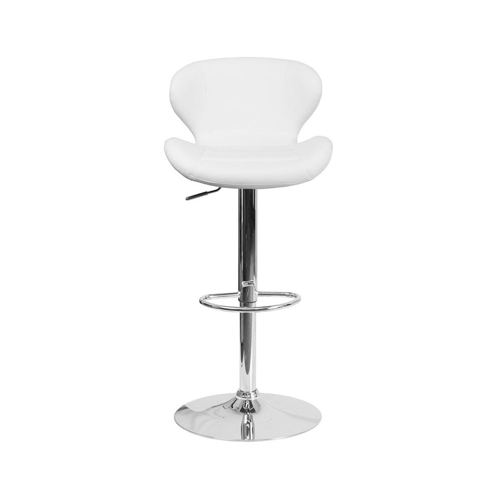 White Vinyl Adjustable Height Barstool with Curved Back and Chrome Base