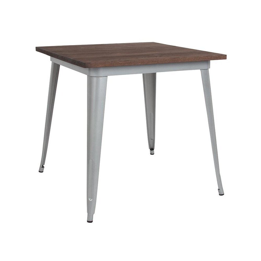 31.5″ Square Silver Metal Indoor Table with Walnut Rustic Wood Top