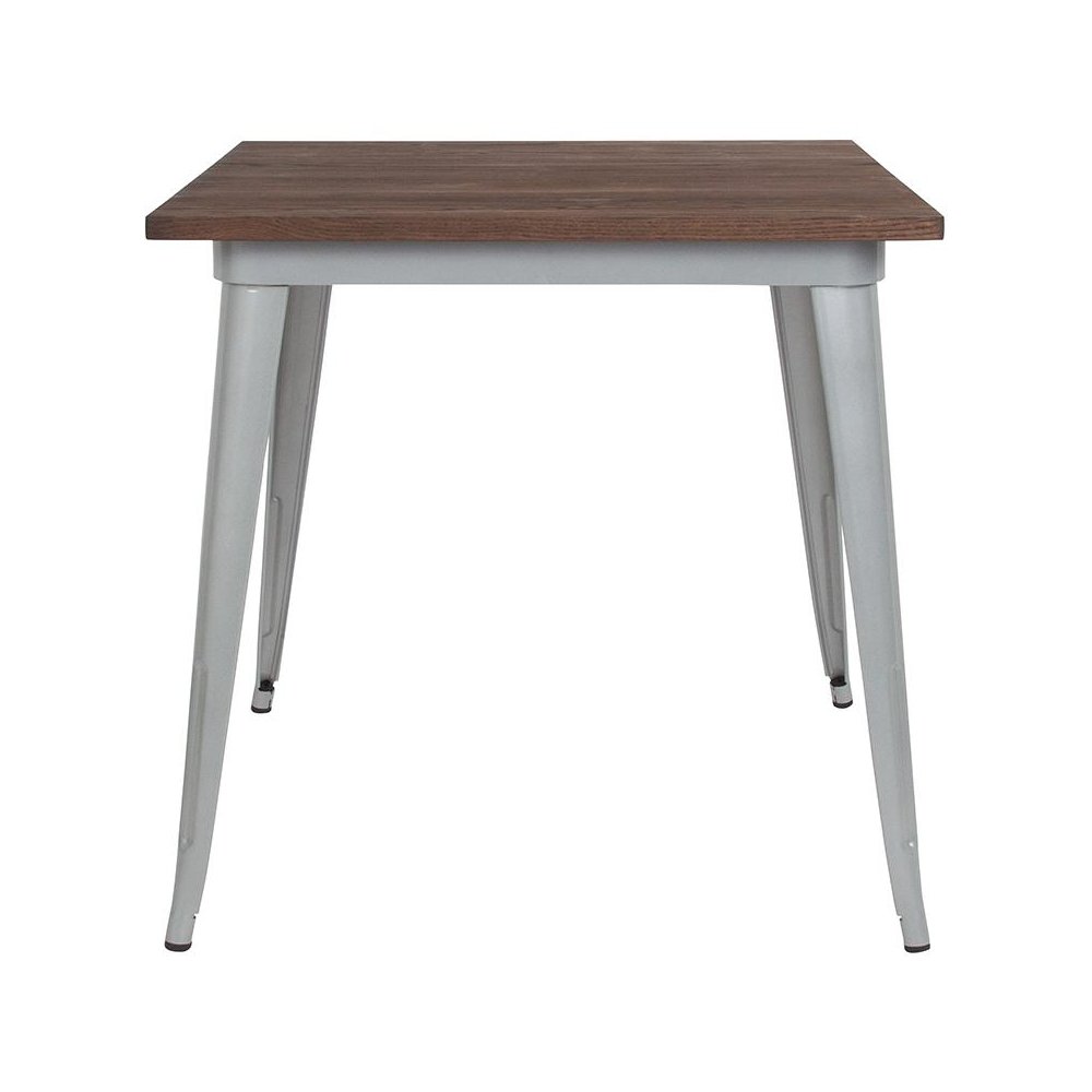 31.5″ Square Silver Metal Indoor Table with Walnut Rustic Wood Top