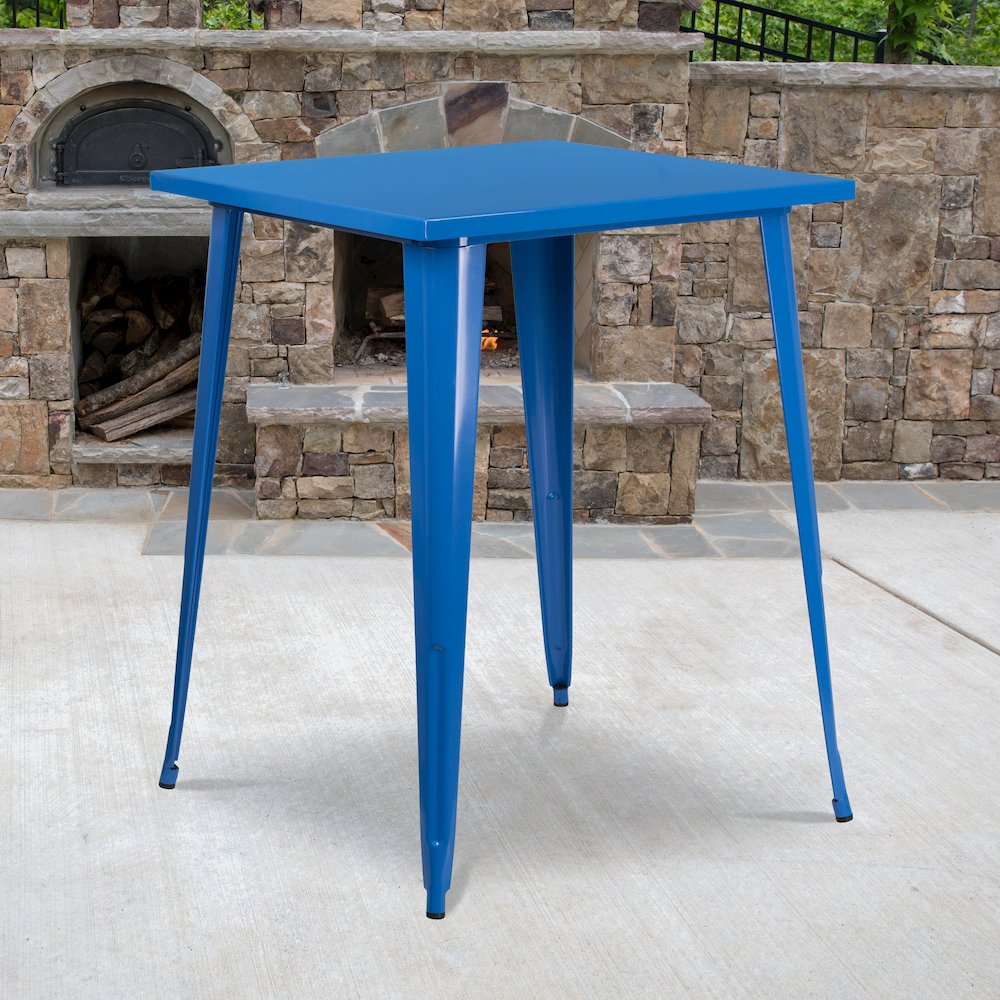 Commercial Grade 31.5″ Square Blue Metal Indoor-Outdoor Bar Height Table