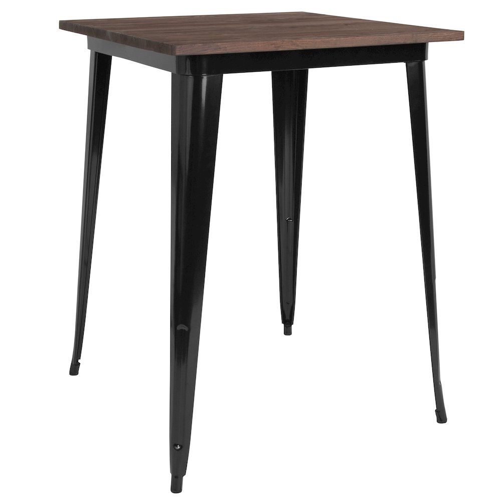 31.5″ Square Black Metal Indoor Bar Height Table with Walnut Rustic Wood Top