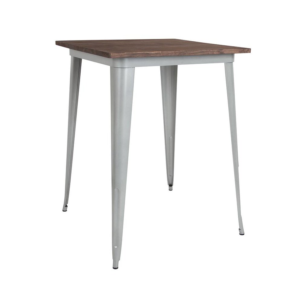 31.5″ Square Silver Metal Indoor Bar Height Table with Walnut Rustic Wood Top