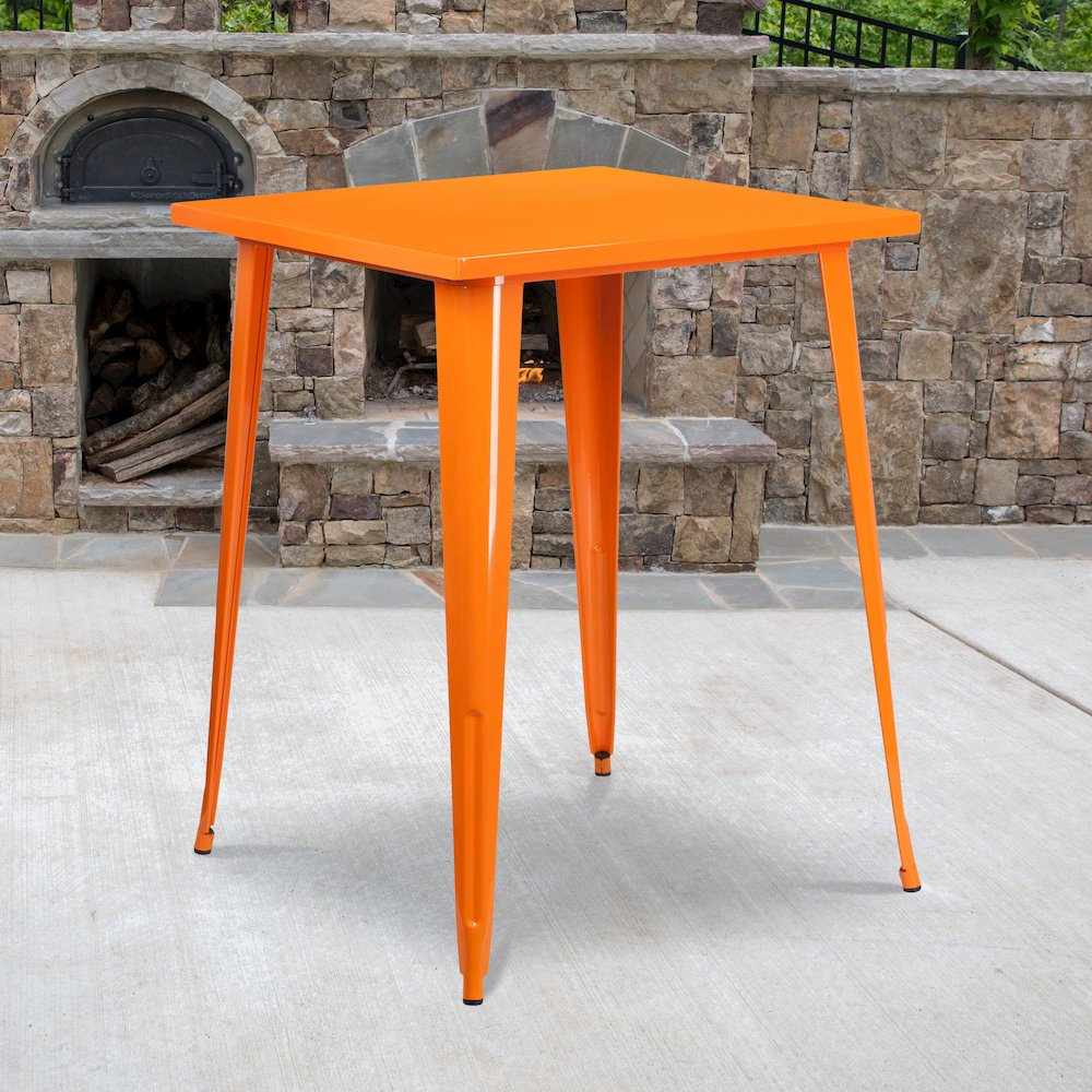 Commercial Grade 31.5″ Square Orange Metal Indoor-Outdoor Bar Height Table