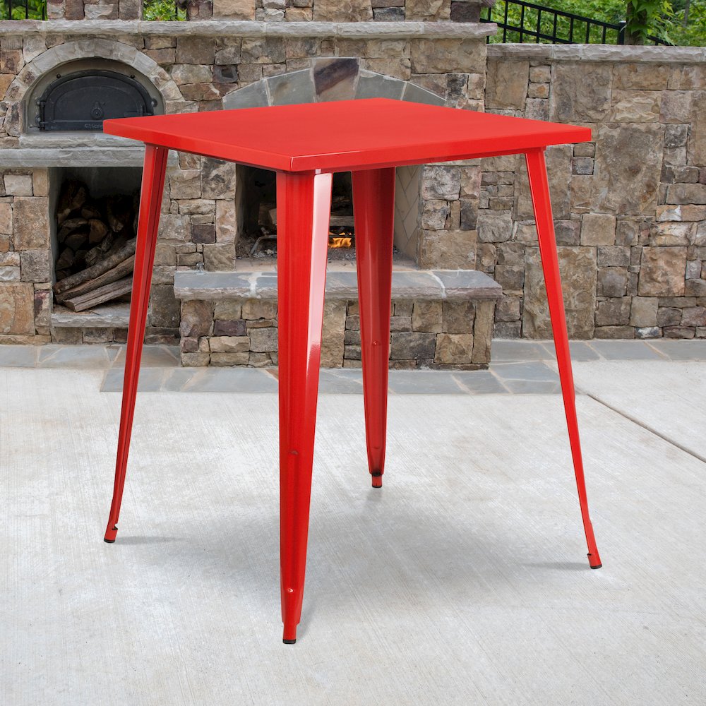 Commercial Grade 31.5″ Square Red Metal Indoor-Outdoor Bar Height Table