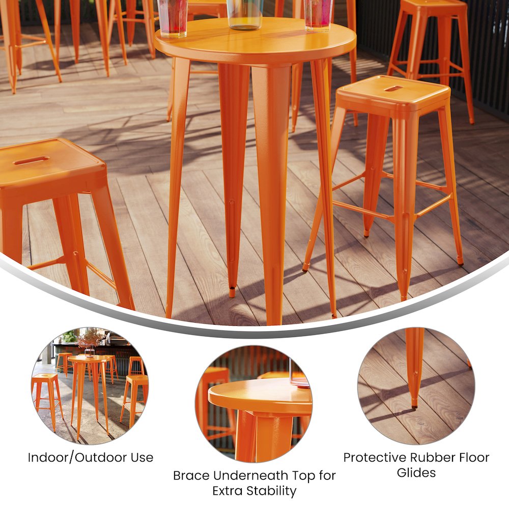 Commercial Grade 24″ Round Orange Metal Indoor-Outdoor Bar Height Table