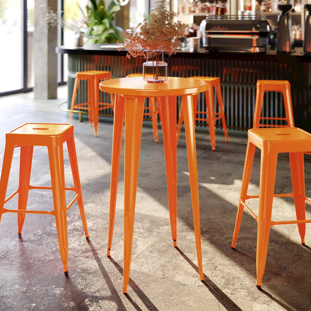 Commercial Grade 24″ Round Orange Metal Indoor-Outdoor Bar Height Table