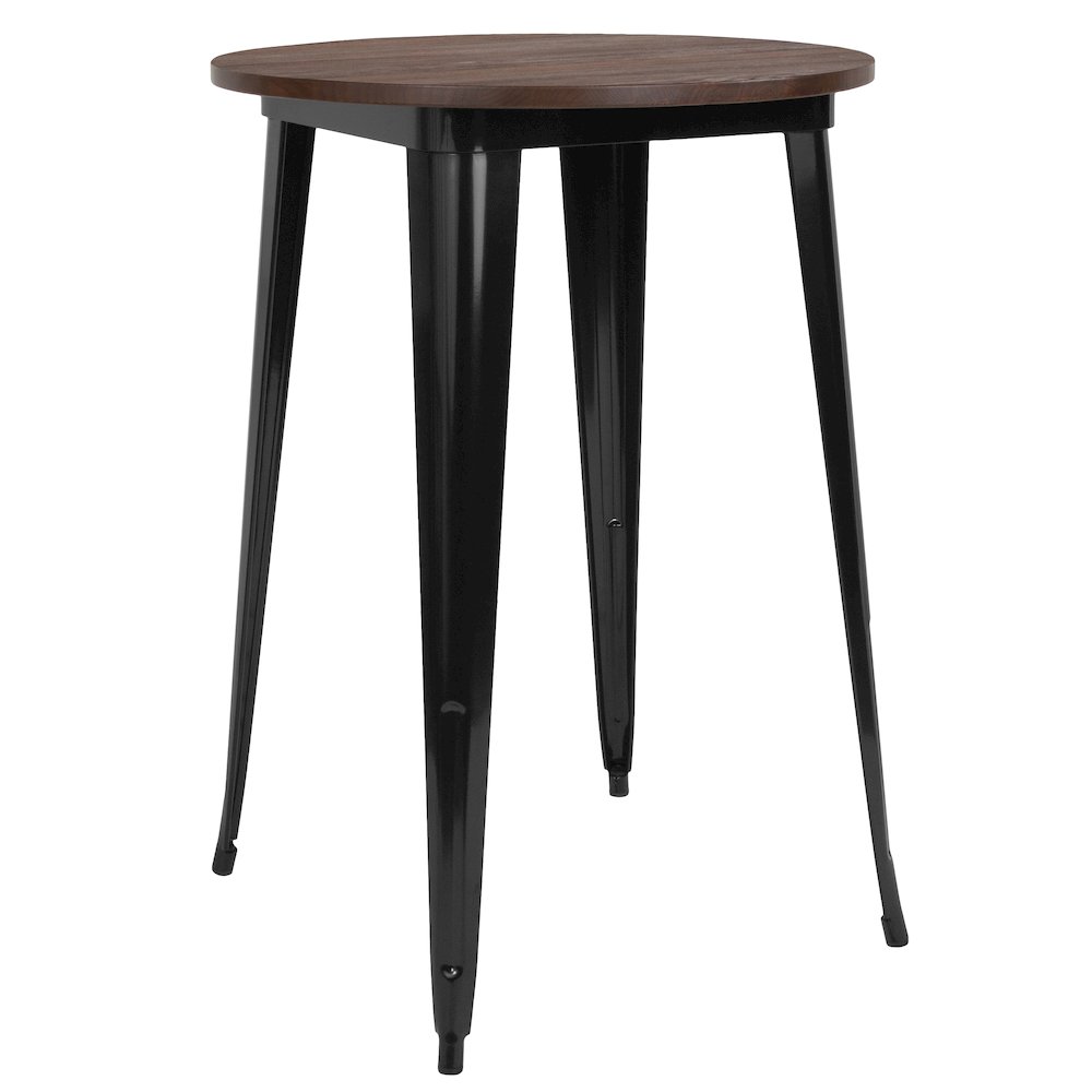 30″ Round Black Metal Indoor Bar Height Table with Walnut Rustic Wood Top