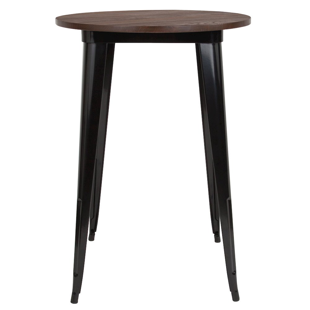 30″ Round Black Metal Indoor Bar Height Table with Walnut Rustic Wood Top